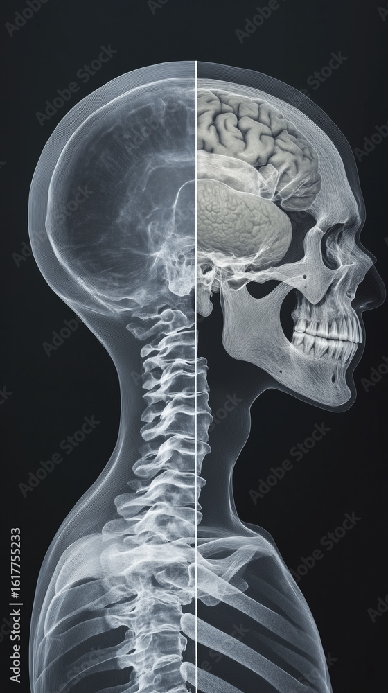 X ray image showing detailed comparison of healthy human skull and ...