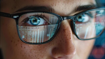 Close up of a programmer working her computer code reflecting in focus glasses, showcasing her with and expertise in software development video 4k