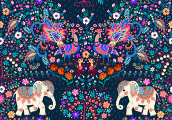 Wall Mural - beautiful seamless pattern with fabulous elephants, monkeys and peacocks among fruit trees and flowe