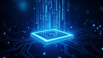 Stunning digital data stream connecting to glowing circuit board CPU in cyber network