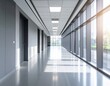 © Hanania Project - Modern Minimalist Office Hallway with Grey Walls and Bright Sunlight