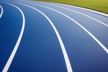 Wall Mural - close-up view of blue running track with white curved lines on a sunny day, blending into green gras