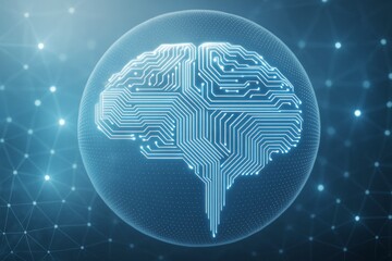 Wall Mural - futuristic digital brain made of circuit lines glowing with blue light in a transparent sphere on a 