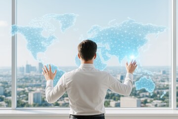 Wall Mural - businessman interacting with digital world map interface in modern office with city background, repr