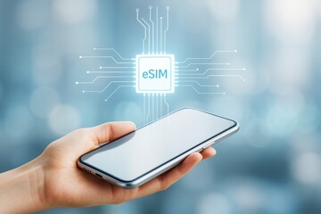 Wall Mural - hand holding smartphone with glowing esim chip icon and digital circuit lines on abstract light tech