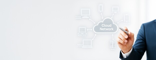 Wall Mural - businessman drawing cloud network diagram with digital device icons on clean white background for te