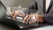 © worased - Digital Fortress: A close-up shot of a person’s hands diligently navigating a laptop’s keyboard, with superimposed graphical elements signifying cyber security, privacy, and robust data protection.