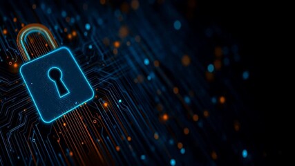 Digital background featuring an abstract digital padlock and circuit board, representing cybersecurity in technology