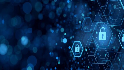 Abstract digital background with hexagon and padlock icons for a security concept vector illustration on a blue color, data protection or cyber safety technology banner design