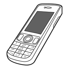 Simple black and white line drawing illustration of an old fashioned mobile phone with a keypad and screen