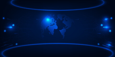 Wall Mural - Abstract technology background with digital futuristic globe and blue neon glowing ring stage or podium.Vector illustrations.
