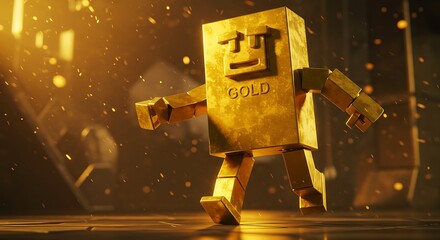 Gold Block Character with Smiling Face Moving in Sparkling Gold Environment