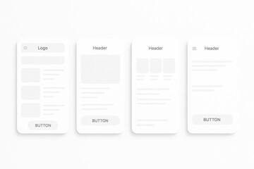 Mobile app wireframe screen layouts in minimalistic style on white background, representing UX/UI design concept for app development