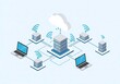 © Robina - Isometric illustration of cloud computing network with server and laptop for data connection
