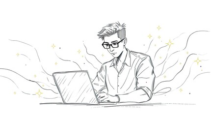 focused young professional working diligently on laptop with creative energy, ideal for illustrating