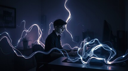 young professional coder immersed in data flow at modern desk, capturing the digital energy with sle
