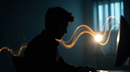 Intense concentration as a young man works late into the night, coding with focus under the glow of his screen, showcasing dedication and the digital age