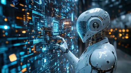 Futuristic Artificial Intelligence Robot Interacting with Digital Interface of Complex Data