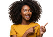 © Image stock - Smiling black woman pointing to the side isolated on transparent background