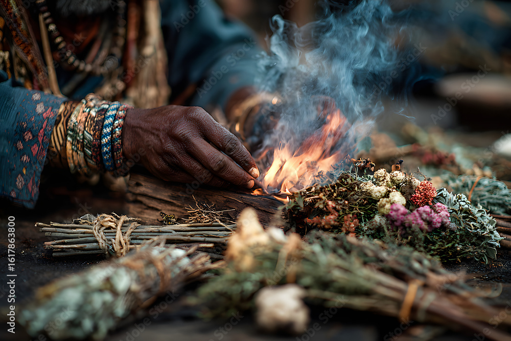 Shamnan Ritual Indian shaman performing traditional ritual with fire and herbs Stock ...