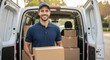 © PNG-RIVER - Delivery driver holding cardboard box with van and packages