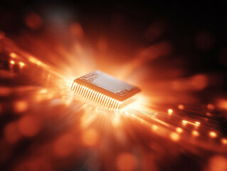 Wall Mural - glowing microchip on a circuit board, symbolizing technology, connectivity, innovation. represents a
