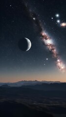 Wall Mural - Realistic Illustration of the Night Sky Milky Way Galaxy with Planet and Mountains