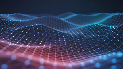 Abstract digital network of glowing blue and red nodes and lines creating a futuristic wave pattern