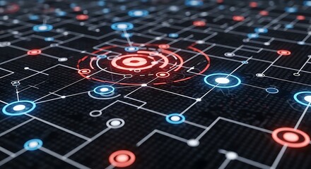 Abstract digital network with glowing nodes and connections representing data flow and technology