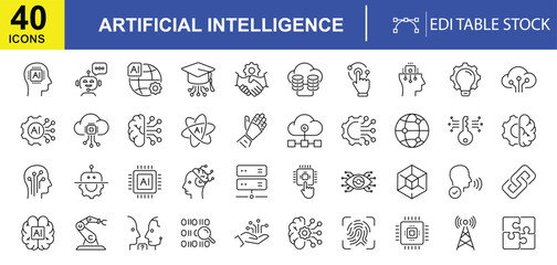 AI Icons: A visually engaging collection of 40 editable icons illustrating key concepts and symbols in the realm of artificial intelligence, showcasing diverse technological elements.