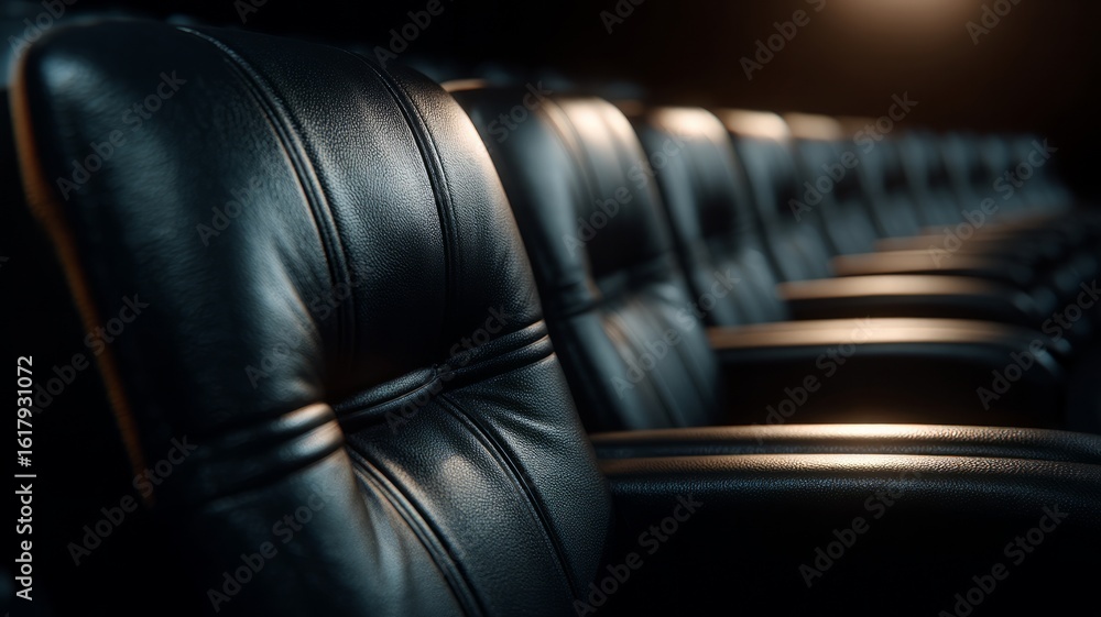Luxurious theater seating in dimly lit auditorium. Artificial ...