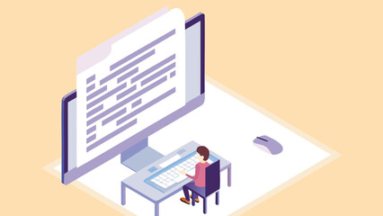 Isometric illustration of a person coding at a computer with a mouse and a large monitor screen