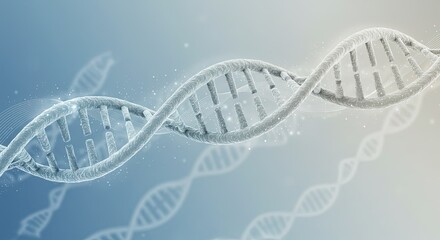 3D render of a double helix DNA strand on a blue and white gradient background
