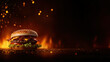 © Tararat - Double patty burger with bacon and cheese on sesame bun with lettuce and tomato, flaming backdrop creating warm and intense atmosphere