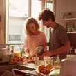 © Photo tiime - Happy young couple preparing breakfast together in a cozy kitchen, cutting fresh fruit and pouring coffee, enjoying a warm and intimate morning moment filled with love and laughter.