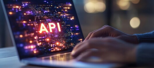 Wall Mural - stock image of a laptop displaying code for api integration in a modern business environment