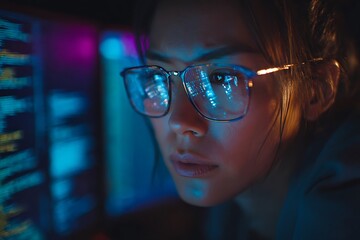 Woman wearing glasses illuminated by code on a computer screen in a dark room