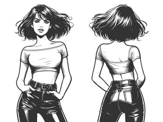 Wall Mural - front and back view of a fashionable woman with short hair, crop top, and leather pants sketch engra