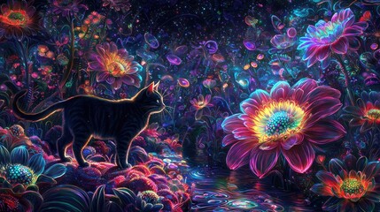 Wall Mural - a cat stands in the center of an array of giant glowing flowers, surrounded by vibrant colors and in