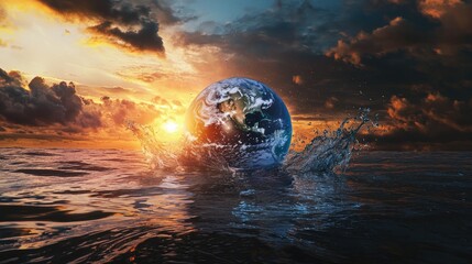 Wall Mural - A cinematic, hyper-realistic depiction of planet Earth partially submerged in the ocean. The Earth is surrounded by dramatic splashes of water, 