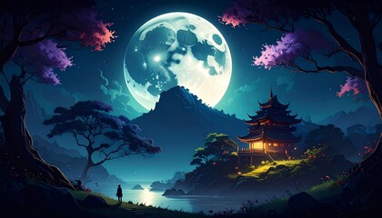 Wall Mural - _Full moon over a dark sky .