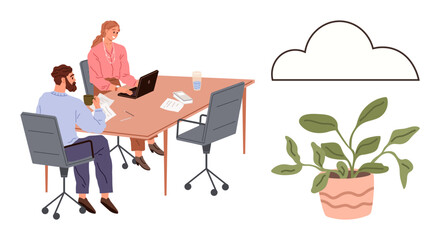 Wall Mural - professionals working at a table with laptops and documents, cloud outline symbolizing data storage,