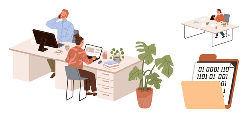 Wall Mural - two colleagues working at desks with computers, binary file folder, potted plant. single worker at d