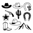 © 1Ten - Minimilist collection of western themed icons including cowboy hats boots horseshoes and desert landscape isolated vector