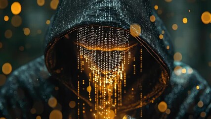 Hooded intruder shape: binary rift, code burst, secret rhythm, dark stream, digital veil, system core, stealth route, hacker trace, hidden node, logic strike, deep access