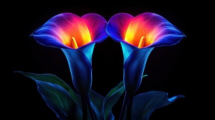 Wall Mural -   Close-up of two flowers on black background Blue and red bloom in center