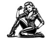 © Oleksandr Pokusai - strong woman in a leather jumpsuit, sitting confidently with a raised fist and boots sketch engraving generative ai fictional character PNG illustration. Scratch board imitation. Black and white.