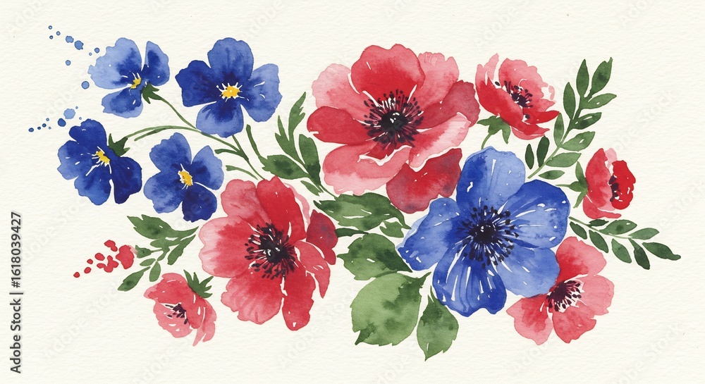 水彩画 赤青花束 優雅な色彩 水彩の柔らかさ際立つ (Suisai ga Akaaoi