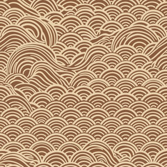  Stylized traditional Asian wave pattern with flowing organic lines. Seamless illustration in brown and beige for decorative background.