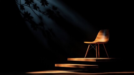 Wall Mural -   Wooden chair perched atop wooden step before wall; leaf shadows cast below
